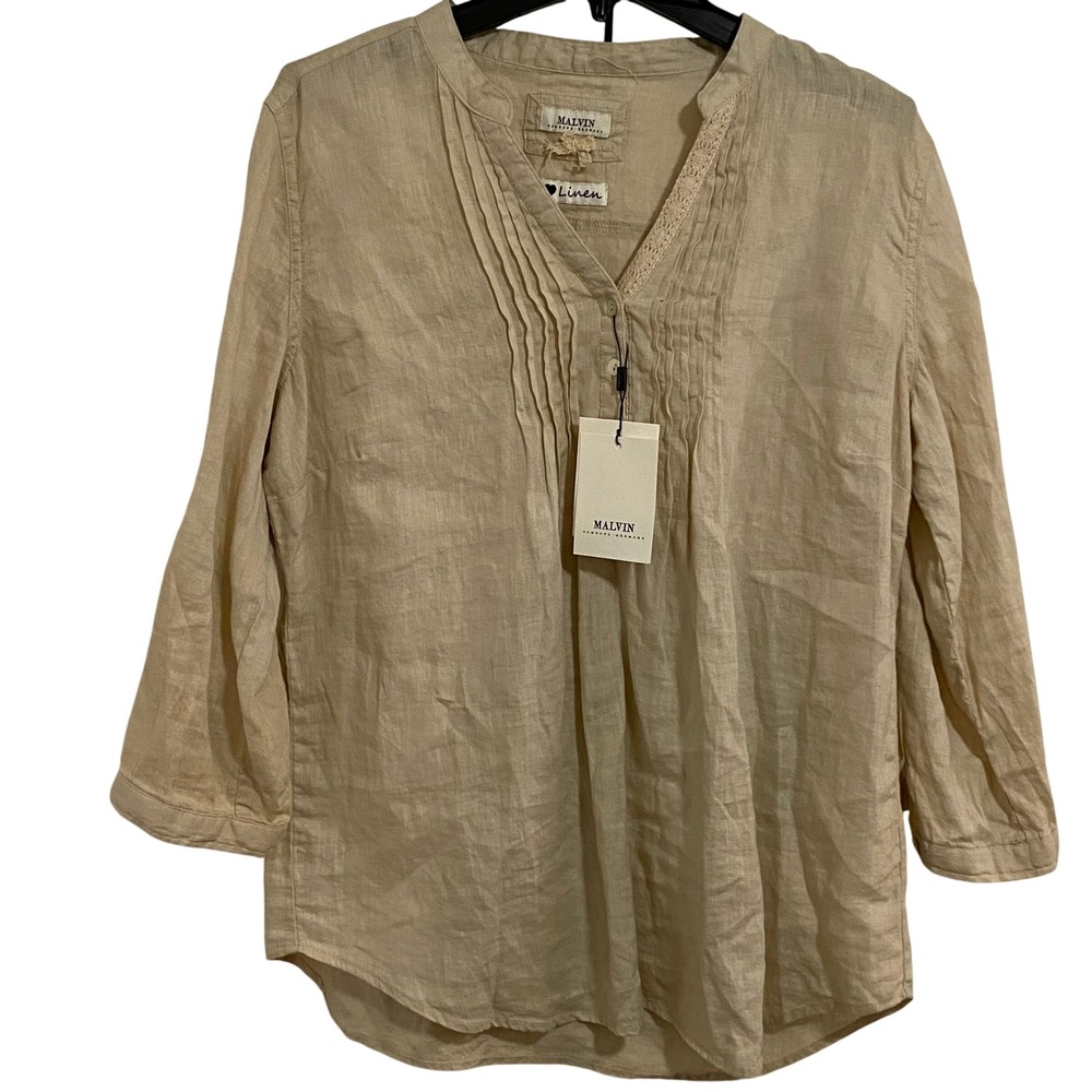 Malvin Linen Lagenlook Blouse Womens XL Beige Pintuck Lace Henley 3/4 Sleeve - Picture 2 of 7